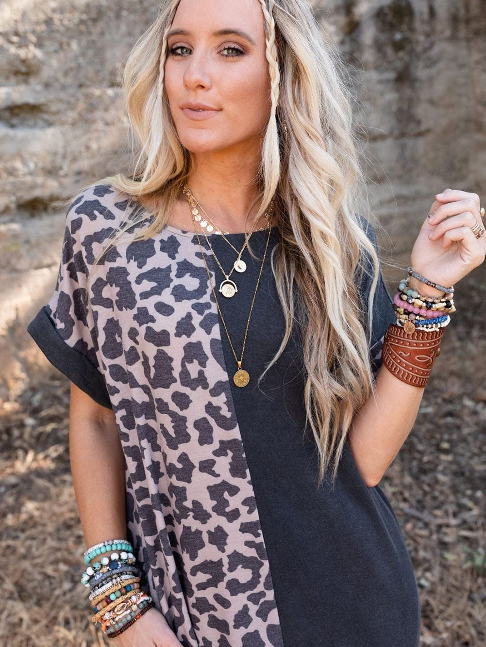 Leopard Print Black T-shirt Dress with Side Slits