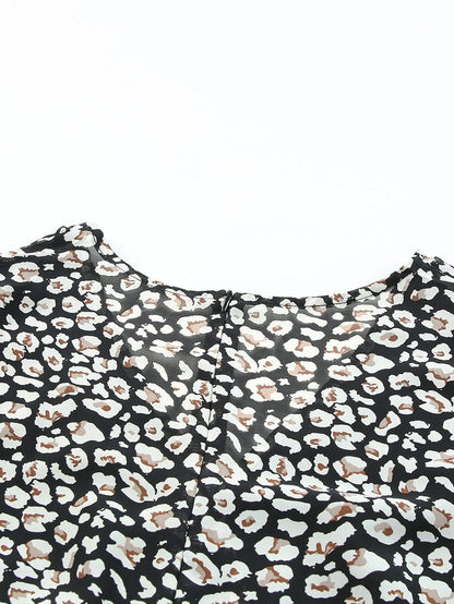 Leopard Print Black V Neck Double Layer Ruffle Dress with Waist Tie