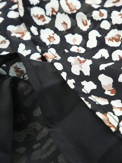 Leopard Print Black V Neck Double Layer Ruffle Dress with Waist Tie