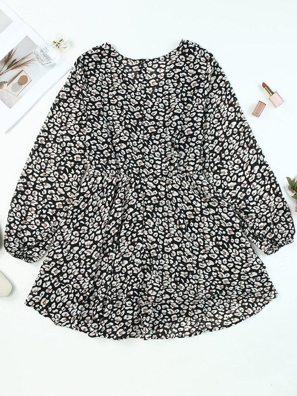 Leopard Print Black V Neck Double Layer Ruffle Dress with Waist Tie