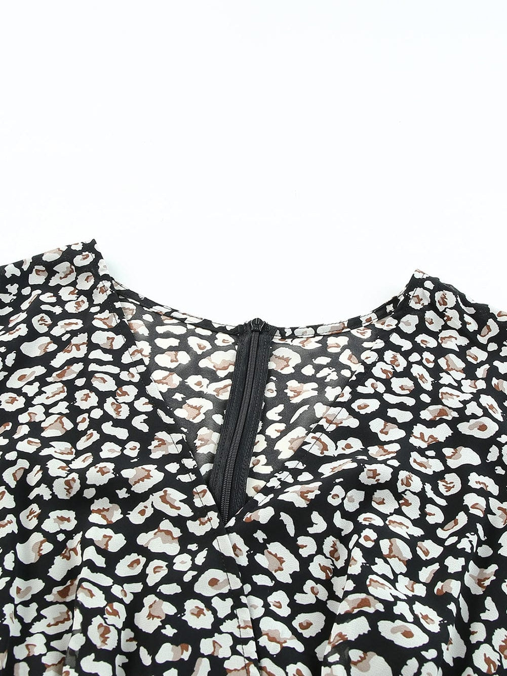 Leopard Print Black V Neck Double Layer Ruffle Dress with Waist Tie