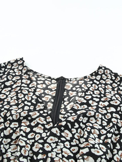 Leopard Print Black V Neck Double Layer Ruffle Dress with Waist Tie