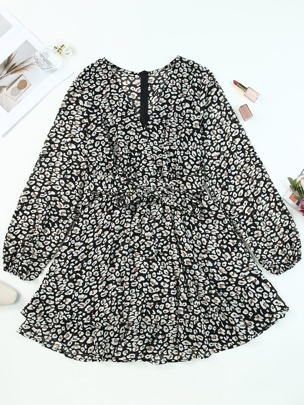Leopard Print Black V Neck Double Layer Ruffle Dress with Waist Tie