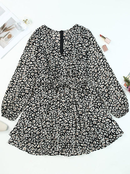 Leopard Print Black V Neck Double Layer Ruffle Dress with Waist Tie