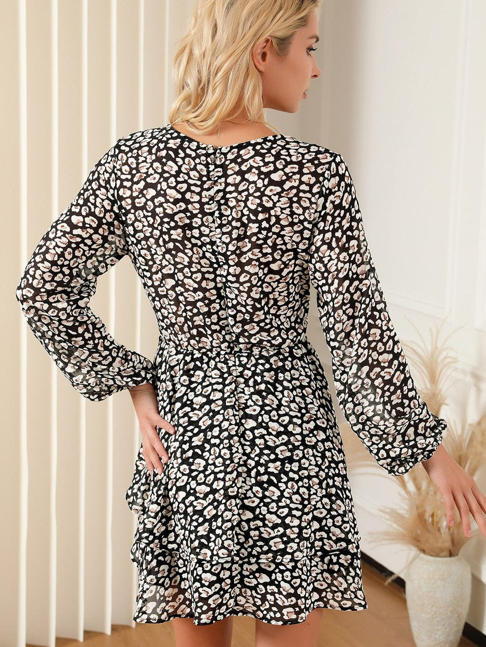 Leopard Print Black V Neck Double Layer Ruffle Dress with Waist Tie