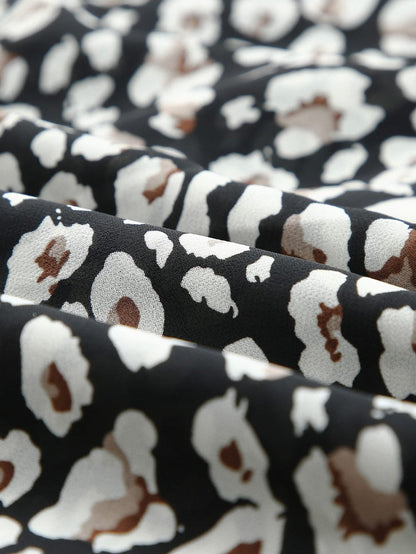 Leopard Print Black V Neck Double Layer Ruffle Dress with Waist Tie