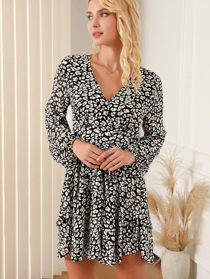 Leopard Print Black V Neck Double Layer Ruffle Dress with Waist Tie
