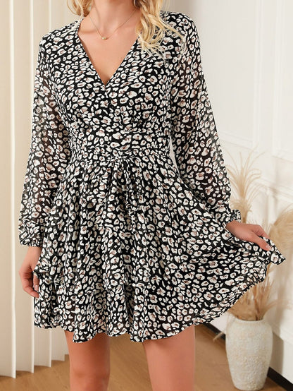 Leopard Print Black V Neck Double Layer Ruffle Dress with Waist Tie