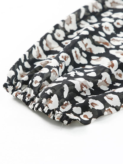 Leopard Print Black V Neck Double Layer Ruffle Dress with Waist Tie