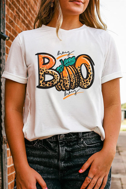 Leopard Print "Boo" Crew Neck White Tee for Halloween