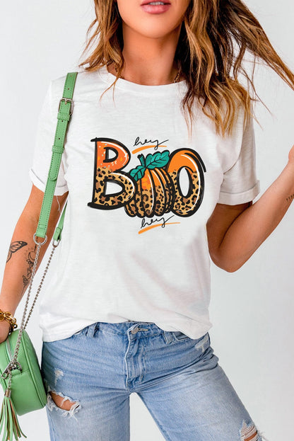 Leopard Print "Boo" Crew Neck White Tee for Halloween