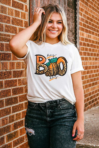 Leopard Print "Boo" Crew Neck White Tee for Halloween