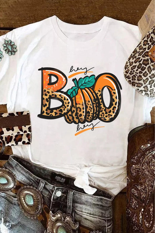 Leopard Print "Boo" Crew Neck White Tee for Halloween