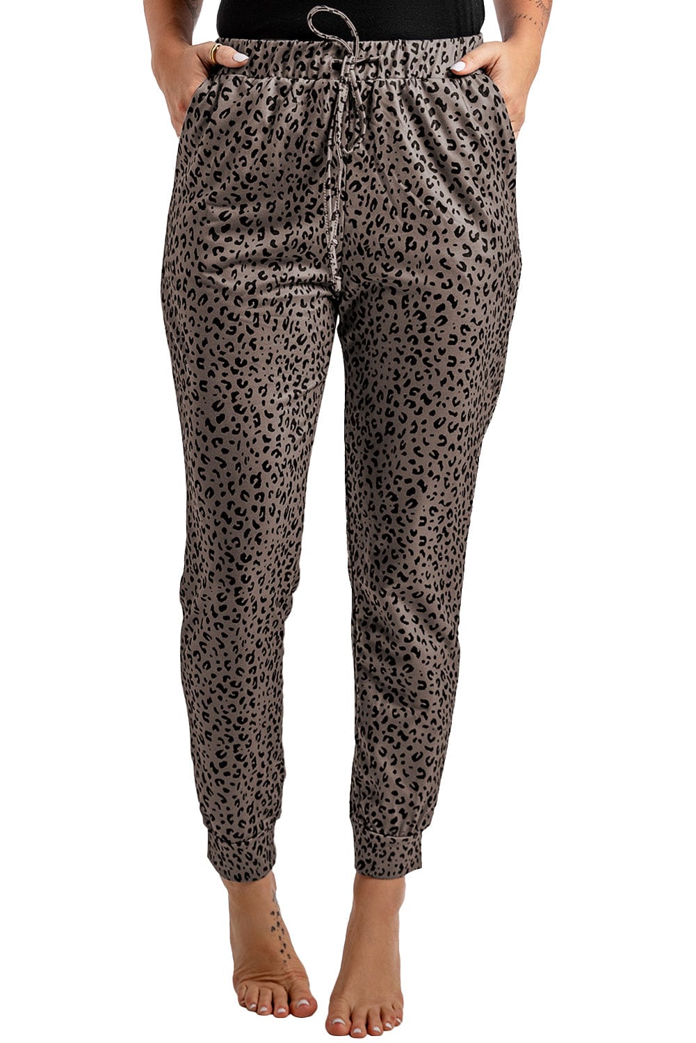 Leopard Print Brown Joggers with Smocked Waist