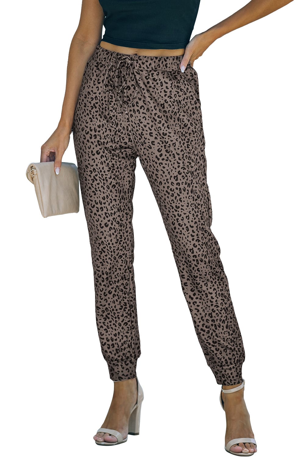 Leopard Print Brown Joggers with Smocked Waist