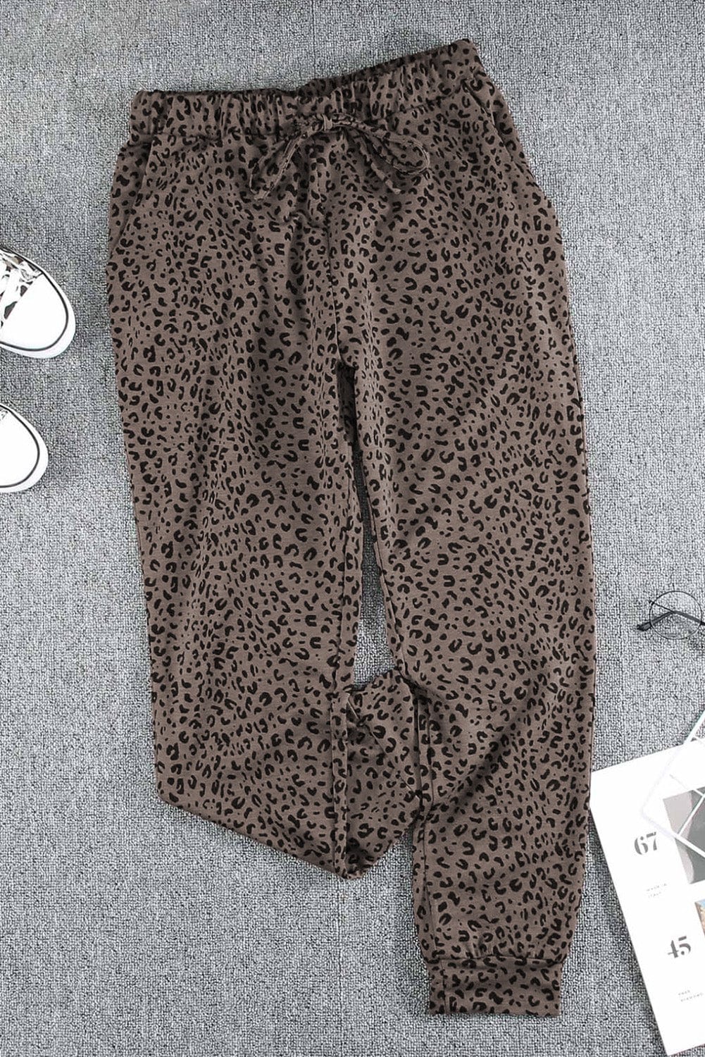 Leopard Print Brown Joggers with Smocked Waist