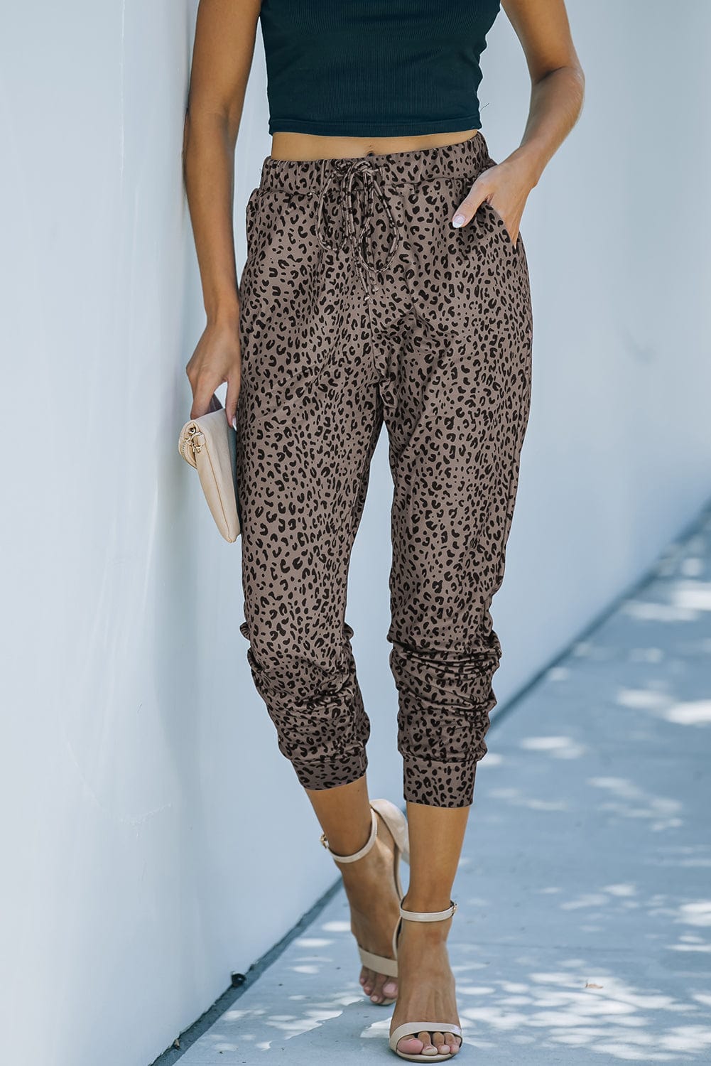 Leopard Print Brown Joggers with Smocked Waist