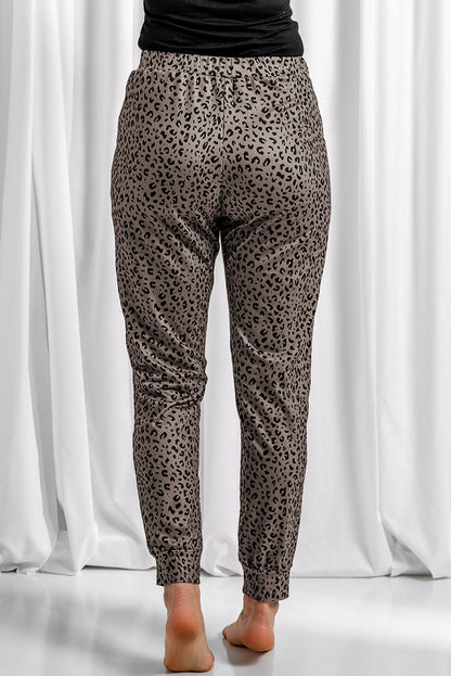 Leopard Print Brown Joggers with Smocked Waist