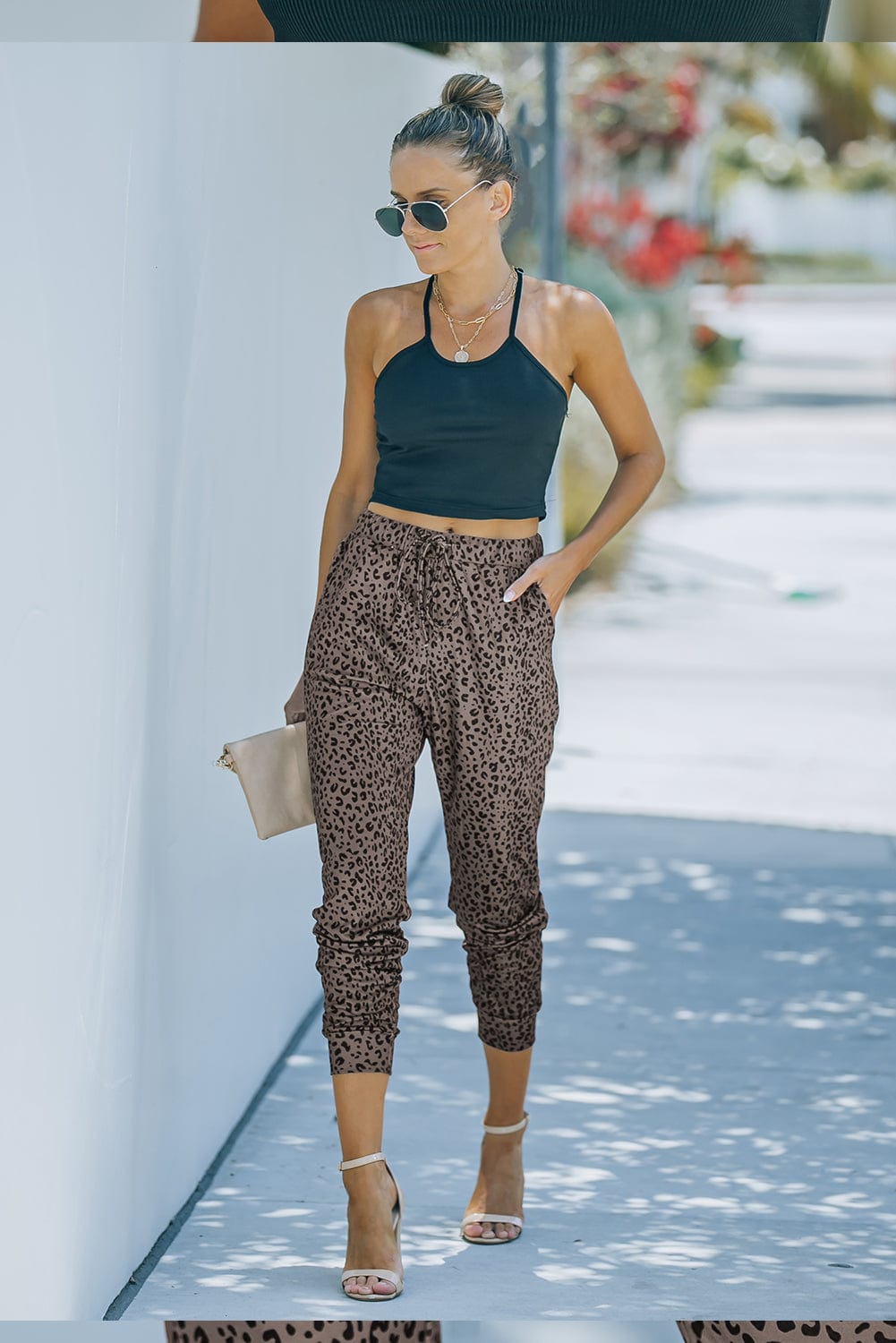 Leopard Print Brown Joggers with Smocked Waist