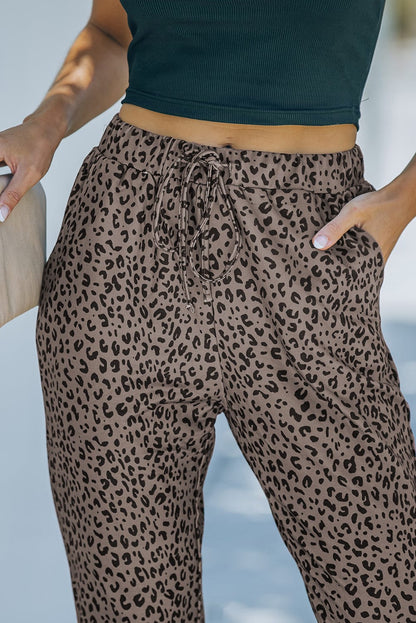 Leopard Print Brown Joggers with Smocked Waist