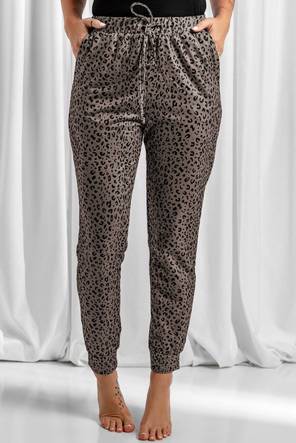 Leopard Print Brown Joggers with Smocked Waist