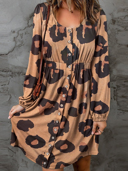 Leopard Print Button-Up Puff Sleeve Knit Mini Dress