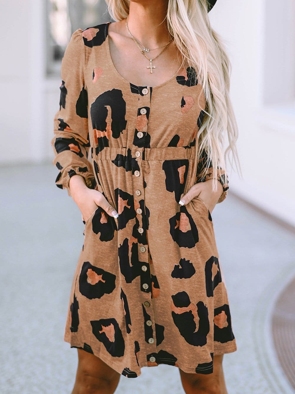Leopard Print Button-Up Puff Sleeve Knit Mini Dress