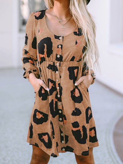 Leopard Print Button-Up Puff Sleeve Knit Mini Dress