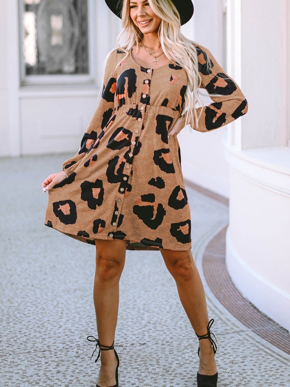 Leopard Print Button-Up Puff Sleeve Knit Mini Dress