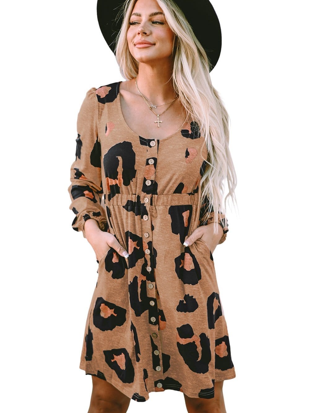 Leopard Print Button-Up Puff Sleeve Knit Mini Dress
