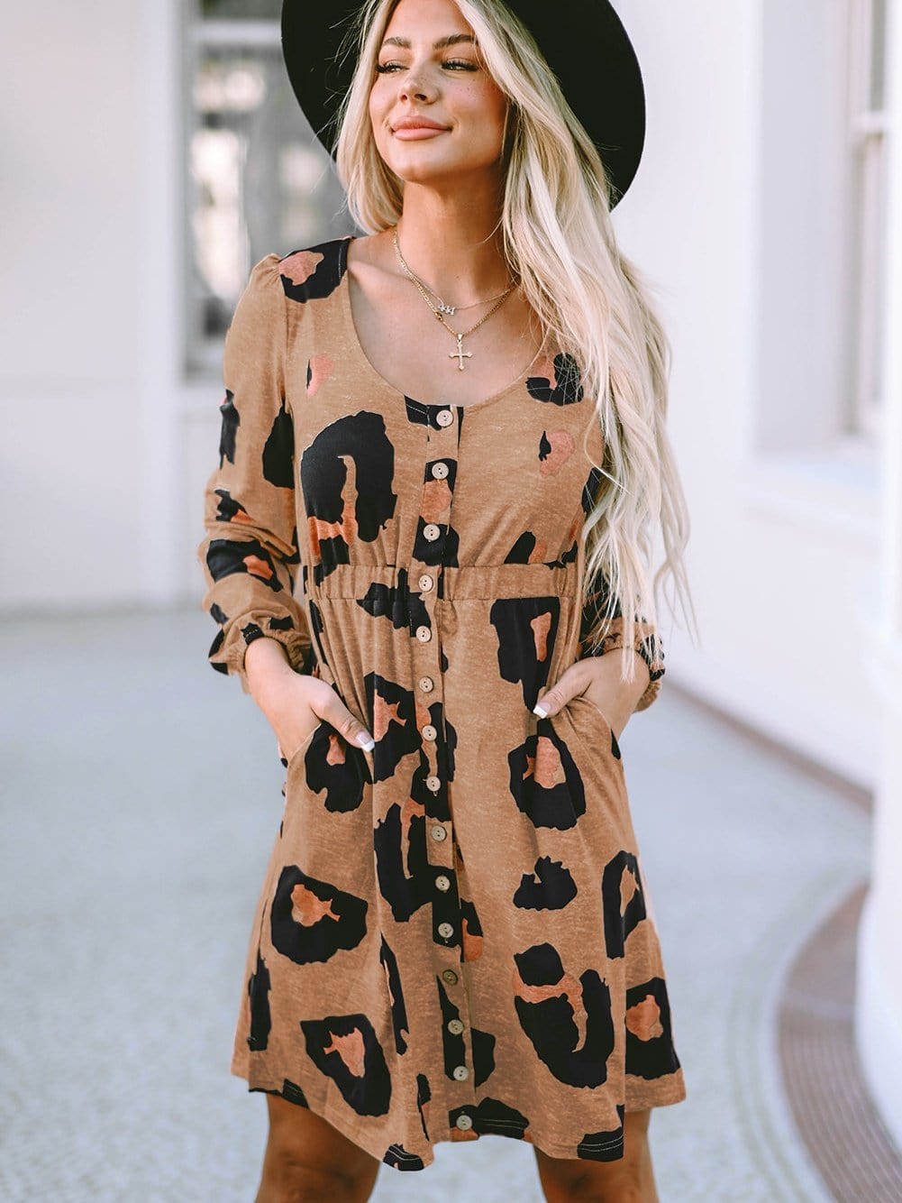 Leopard Print Button-Up Puff Sleeve Knit Mini Dress