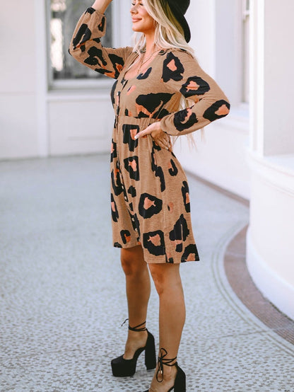 Leopard Print Button-Up Puff Sleeve Knit Mini Dress