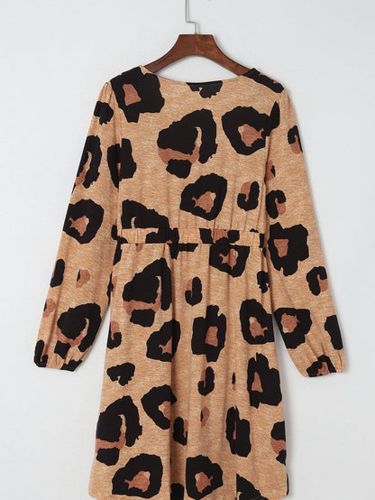 Leopard Print Button-Up Puff Sleeve Knit Mini Dress