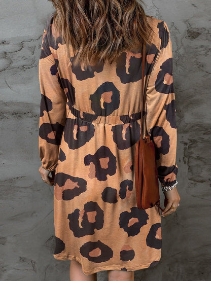 Leopard Print Button-Up Puff Sleeve Knit Mini Dress