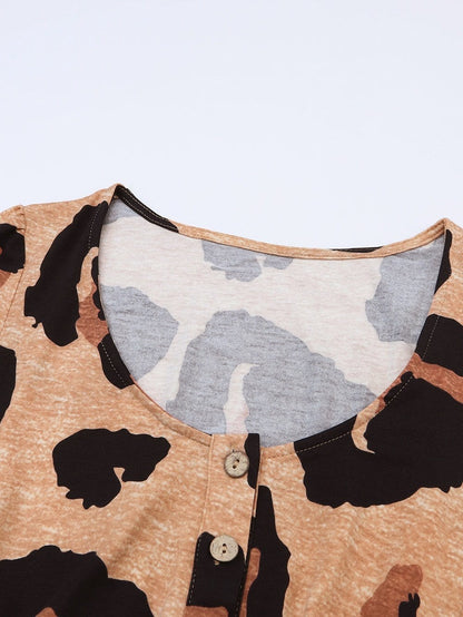 Leopard Print Button-Up Puff Sleeve Knit Mini Dress