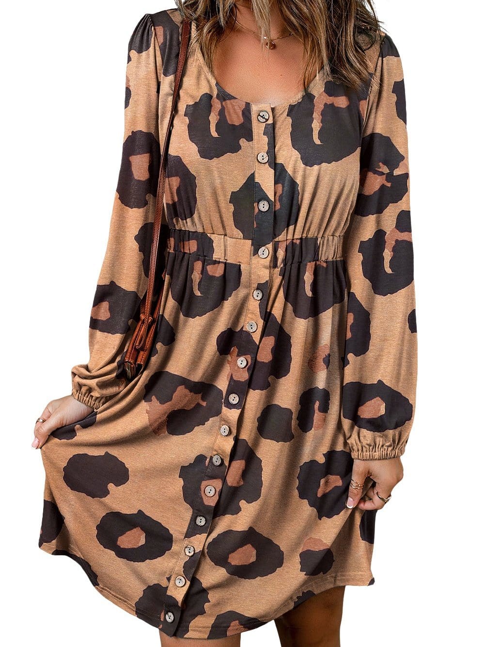 Leopard Print Button-Up Puff Sleeve Knit Mini Dress