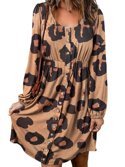 Leopard Print Button-Up Puff Sleeve Knit Mini Dress