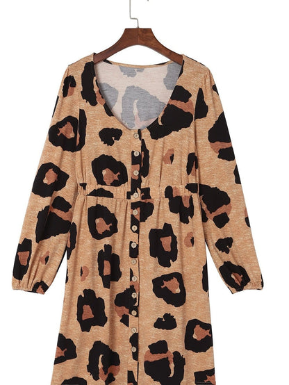 Leopard Print Button-Up Puff Sleeve Knit Mini Dress