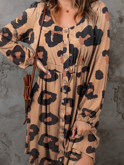 Leopard Print Button-Up Puff Sleeve Knit Mini Dress