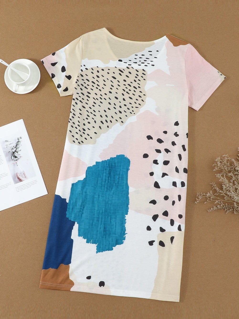 Leopard Print Color Block Mini Dress in Light Blue