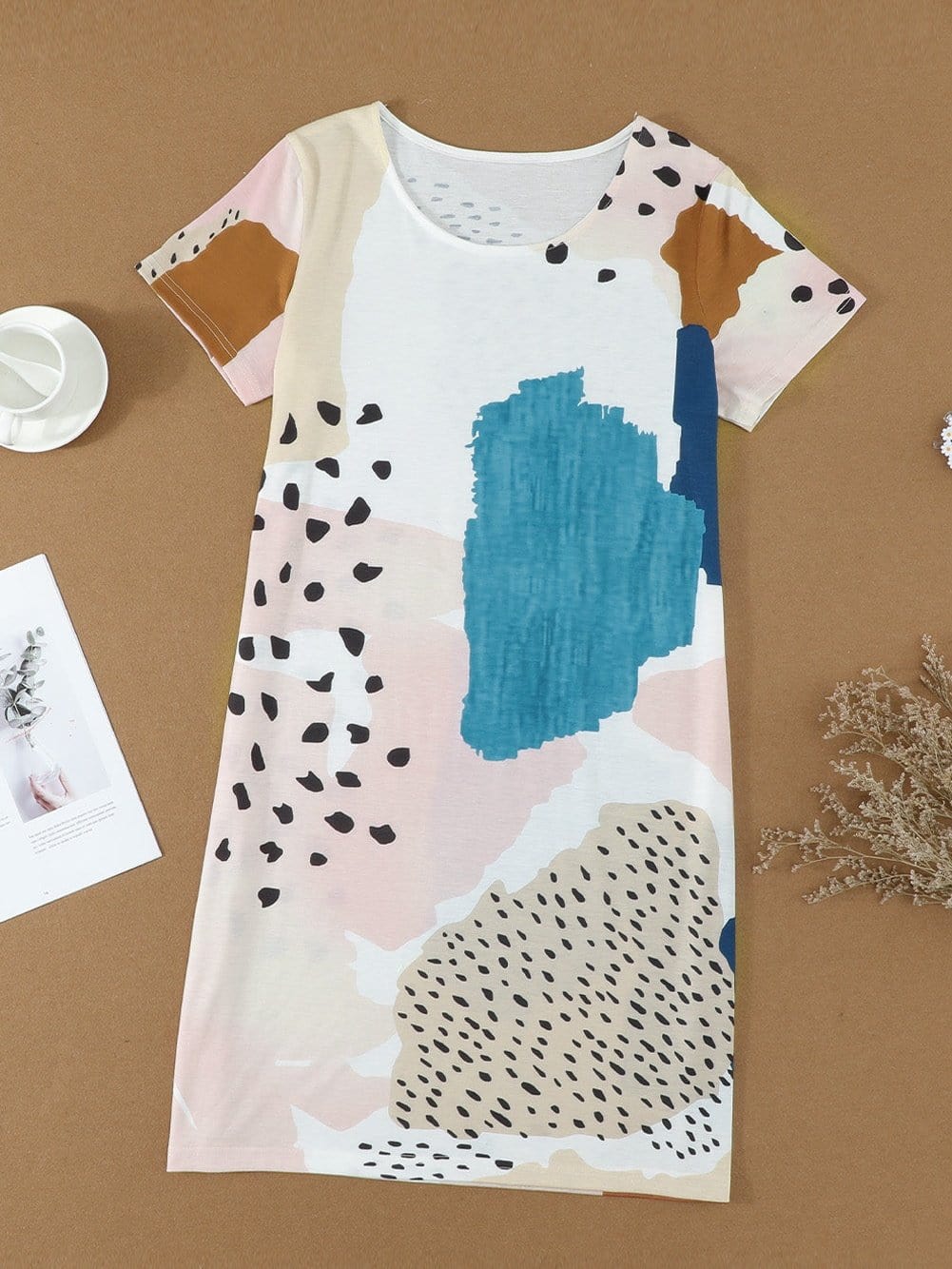 Leopard Print Color Block Mini Dress in Light Blue