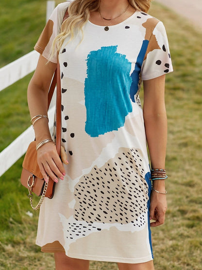 Leopard Print Color Block Mini Dress in Light Blue