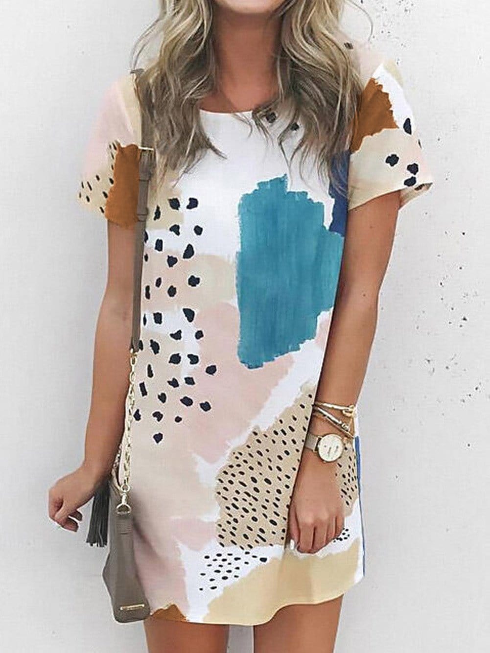 Leopard Print Color Block Mini Dress in Light Blue