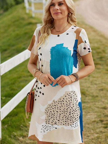 Leopard Print Color Block Mini Dress in Light Blue