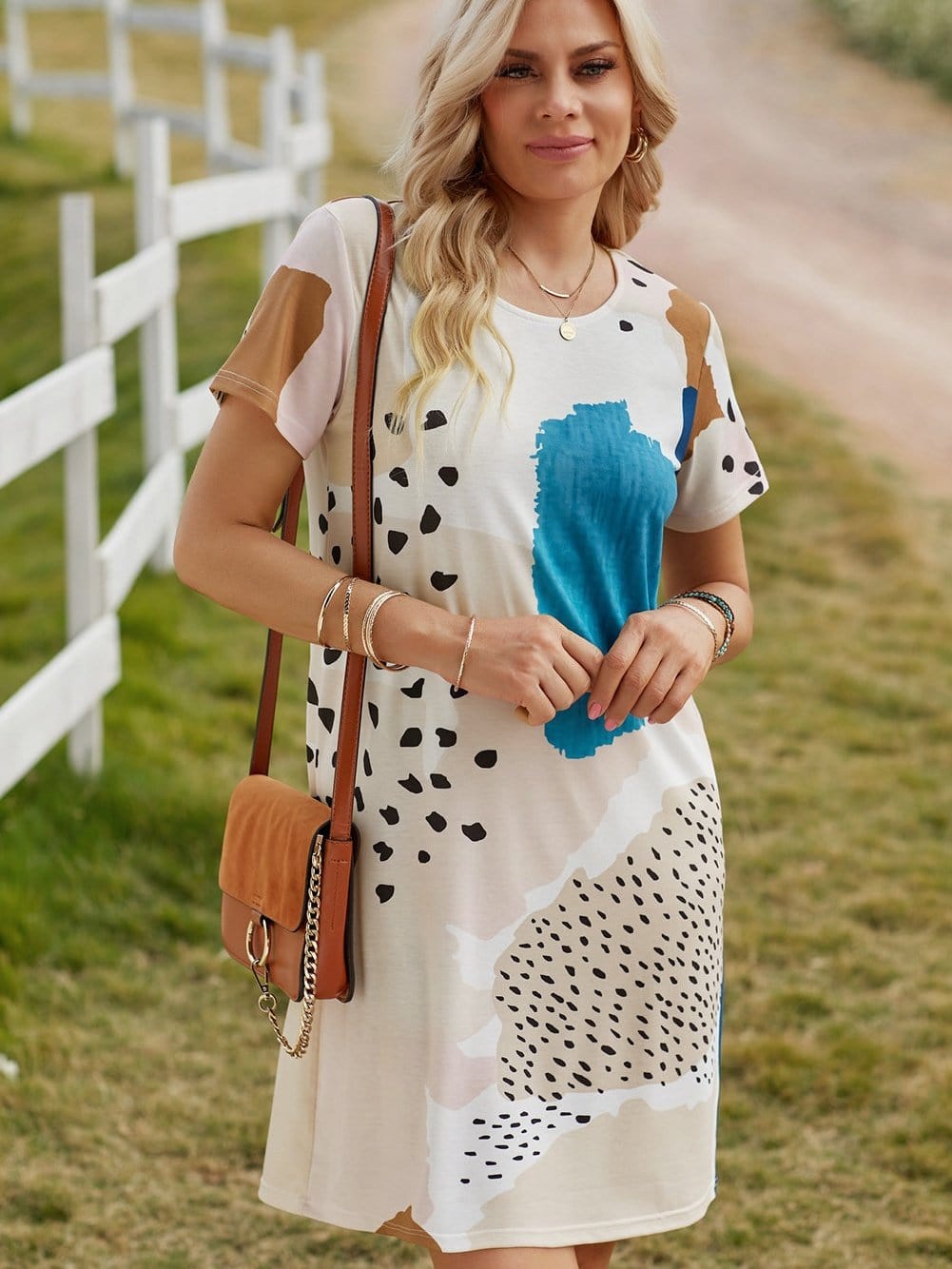 Leopard Print Color Block Mini Dress in Light Blue