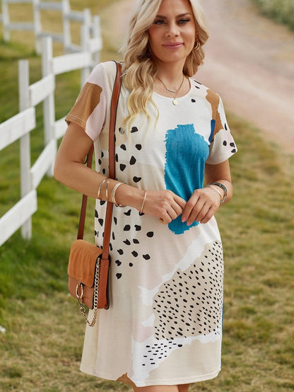 Leopard Print Color Block Mini Dress in Light Blue