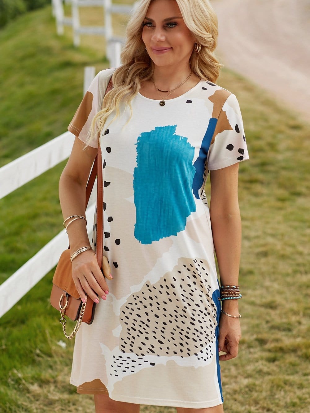 Leopard Print Color Block Mini Dress in Light Blue