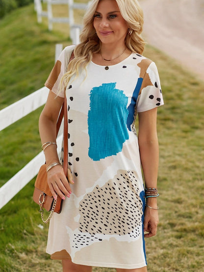 Leopard Print Color Block Mini Dress in Light Blue