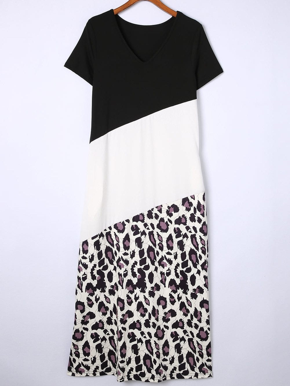 Leopard Print Color Block T-Shirt Maxi Dress with Side Slits