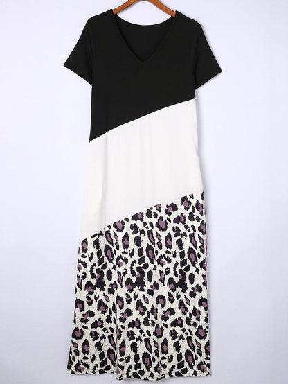Leopard Print Color Block T-Shirt Maxi Dress with Side Slits